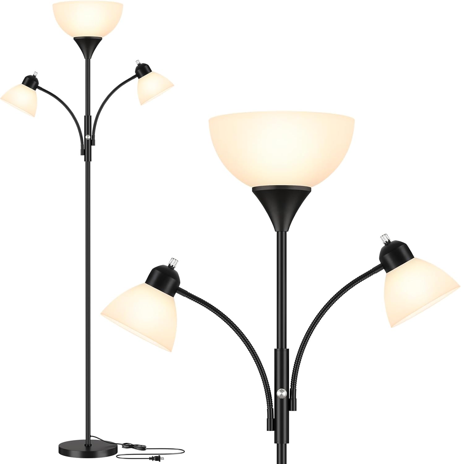 Floor Lamp for Living Room,72" Dimmable Torchiere Lamp with 2 Reading Lights for Bedroom, Black Tall Standing Room Lamp, 3 Bulbs Included