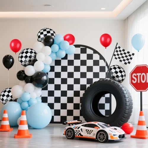 Image of Race Car Balloon Bundle 20 Pcs Checkered Balloons Latex Balloon Blue Red Black Boy One Happy 1st 2nd Vintage Fast One Two Fast Theme Race Car Birthday Party Decor Supplies Kit
