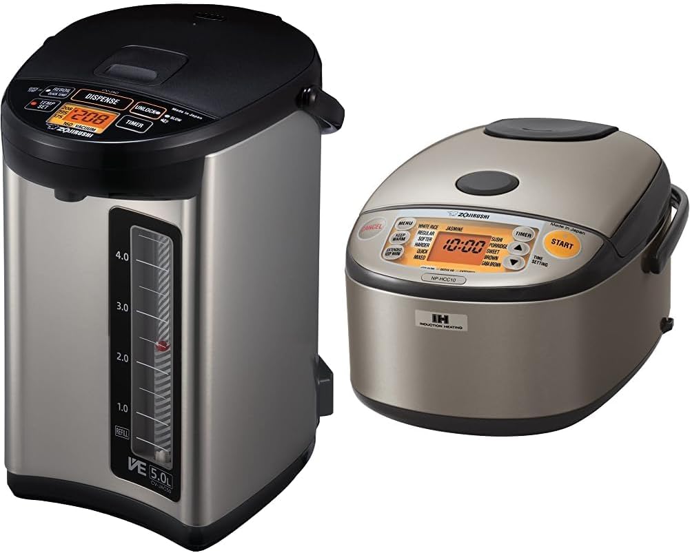 Zojirushi CV-JAC50XB, VE Hybrid Water Boiler & Warmer, 5.0 Liter, Stainless Black, Made in Japan & NP-HCC10XH Induction Heating System Rice Cooker and Warmer, 1 L, Stainless Dark Gray