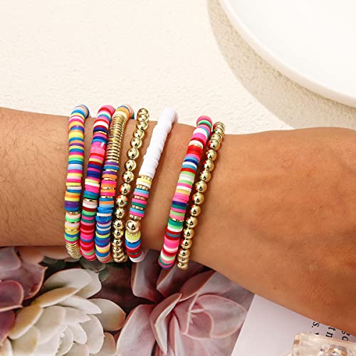 Dimishin Heishi Bracelet For Women Clay Bead Bracelet Stackable Beaded Stretch Bracelet Elastic Layered Colorful Beaded Bracelet Set (Colorful 7Pc) #TOP2