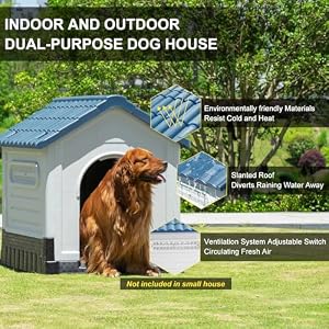Dog House Outdoor Indoor, Insulated Weatherproof Plastic Doghouse for Small Medium Large Dogs, Easy Assemble Ventilate Puppy Kennel with Door, Bowls, Mat (Blue, 33''L*27''W*30''H) Dog House Outdoor Indoor, Insulated Weatherproof Plastic Doghouse for Small Medium Large Dogs, Easy Assemble Ventilate Puppy Kennel with Door, Bowls, Mat (Blue, 33”L*27”W*30”H)