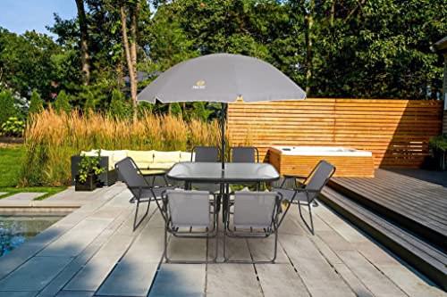 Nice C Patio Furniture Set, 8 Piece Patio Dining Set, Garden Outdoor Furniture Table Set With Tilted Removable Umbrella, Glass Table, And 6 Folding Chairs (Grey) #TOP5