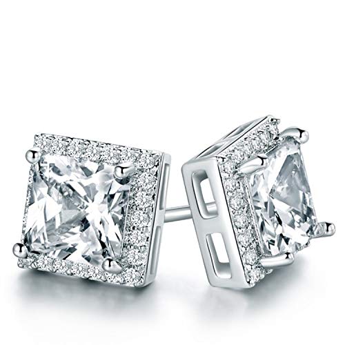 OUTOP 18K White Gold Plated Princee Cut Cubic Zironia Halo Stud Earrings for Women