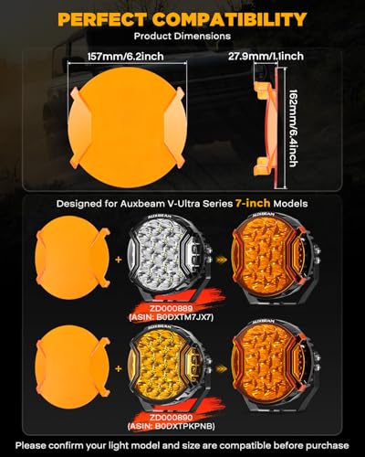 Image of Auxbeam V-Ultra Series 7 Inch Deep Amber Light Covers 2300K Dark Amber Tone Round Offroad Lens Cap Smoked Amber Tint Reduce Glare for Fog & Dust Low Visibility, 2 Packs