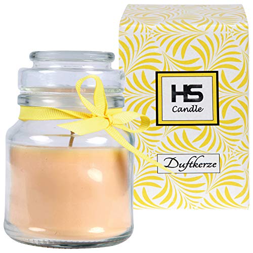 HS Candle Candela profumata alla vaniglia in vetro, 10 cm x 7 cm, in confezione regalo, 120 g di cera – durata circa 30 ore, fragranza in vetro BonBon con coperchio