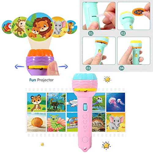 2 PCS Taschenlampen Projektor für Kinder, Projektionslicht Spielzeug, Diaprojektor Taschenlampe mit 80 Tiermustern, Dinosauriern, Transportfahrzeugen, Früchten und Ziffern Taschenlampenlicht