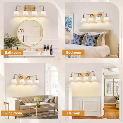 Image of LmnLvn 4‑Light Bathroom Vanity Light, Matte White with Crystal Glass Shade