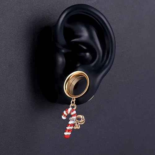 Miniatura 2 de PUNKYOUTH Christmas Style Gold Dangle Ear Gauges Double Flared Plugs Tunnels Stainless Steel Screw Back Earrings Deer Cane Gauge 2g to 1"