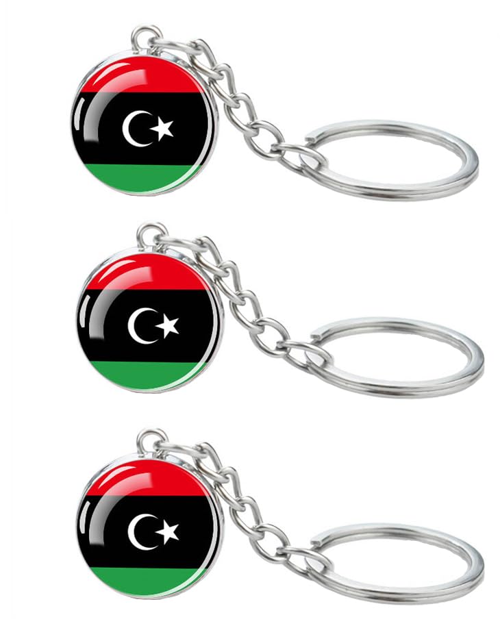 LLBFHH Lot de 3 porte-clés en verre avec drapeau de l'Afrique, porte-clés cool pour clés de voiture, porte-clés et porte-clés en acier inoxydable, Libye, 0.1