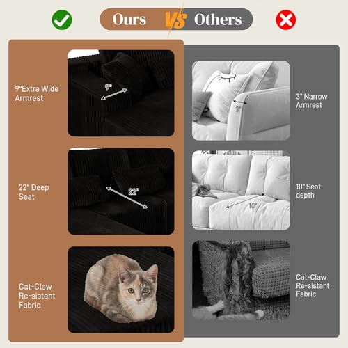 Image of 110 inch L Shaped Cloud Boneless Sectional Couches for Living Room, Modern Comfy Modular Deep Seat Memory Foam Compressed Corduroy Sofa Oversized Left Facing Chaise, No Assembly Required, Balck