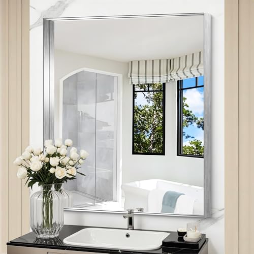 CIRCUMI Silver Bathroom Mirror, 30"x36" Rectangular Mirror with Deep Metal