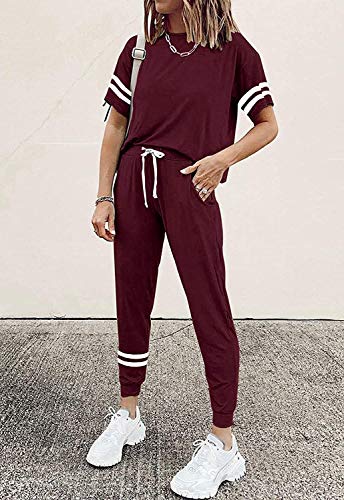 Image of PRETTYGARDEN Women's Two Piece Outfits Striped Short Sleeve Pullover and Long Pants Tracksuit Pajama Lounge Jogger Sets