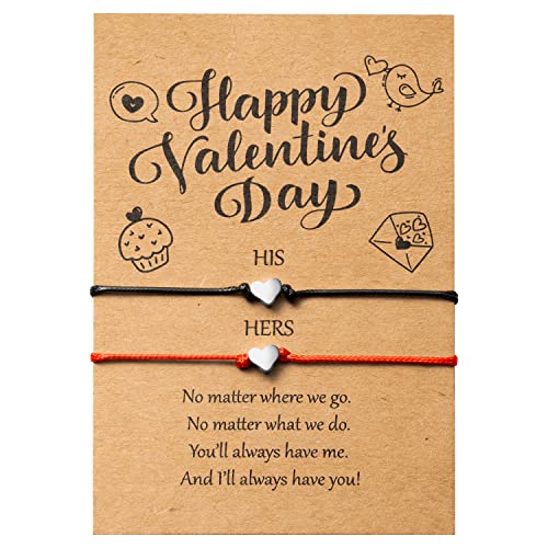 OSNIE 2Pcs Valentines Day Bracelets Gift for Couple Sterling Silver Heart Jewelry Set Black Red Handmade Adjustable Anniversary Bracelets with Drawstring Velvet Bag for Men Women Boyfriend Girlfriend