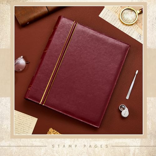 Image of Lewtemi Stamp Collecting Albums Set 4 Ring Stamp Collection Book Include 20 Pages Album Binder Tweezer and Loop Magnifier Collecting Supplies for Collectors(Brownish Red,1 /2 /3 /4 Rows)