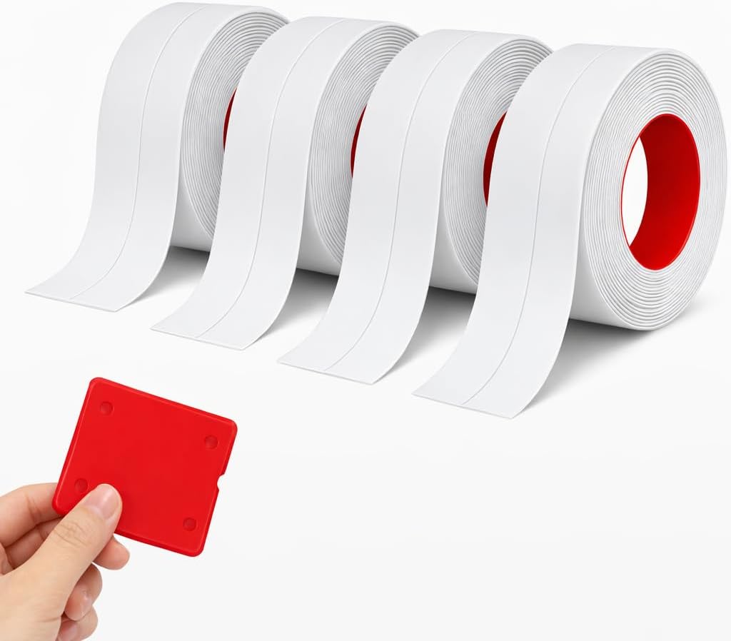 Caulk Strip Tape for Bath Kitchen, White Narrow Self-Adhesive Decorative Sealing Tape, Used for Kitchen Sink Toilet Bathroom Bathtub Floor Wall Edge Protector 4pack