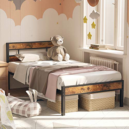 LIKIMIO Twin Bed Frame with Headboard, Easy Assembly, Noise-Free, No Box Spring Needed, Heavy Strong Metal Support Frames, Vintage Brown