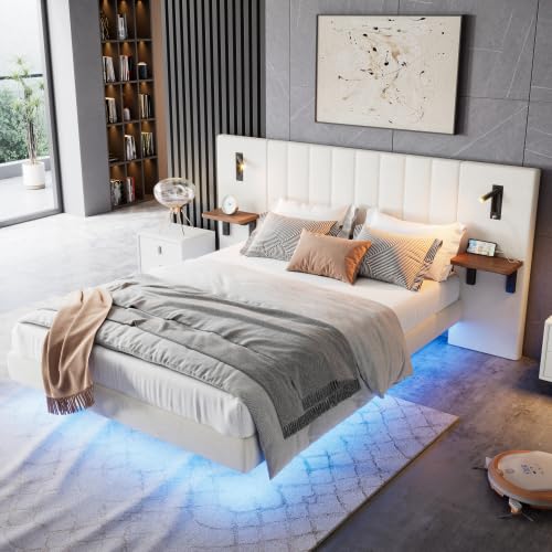 Merax Upholstered King Size Bed Frame 150x200cm White Velvet Bed with 2 Reading Lamps, Charging Station, Storage Headboard & RGB LED Light Strip, Smart Platform Bed for Adults & Teenagers