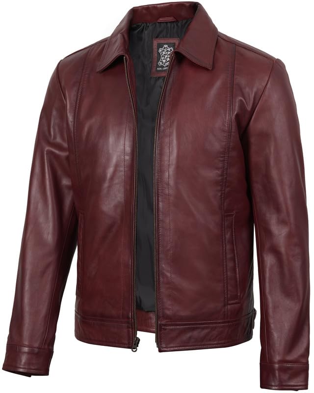 Image of Blingsoul Vintage Distressed Leather Jacket for Men - Shirt Collar Genuine Lambskin Mens Leather Jacket