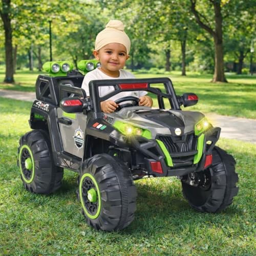 Image of Little Pup Battery Operated 4x4 Big Size 12V Battery Ride On Truck, Jeep for Kids Drive 2 to 10 Years | Motor for Steering | Remote Control | Suspensions | Jumbo Driving Car (Grey Green)