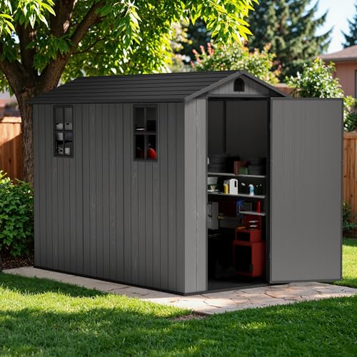 Image of Greesum 4x8FT Plastic Outdoor Storage Shed with Floor, Dark Gray