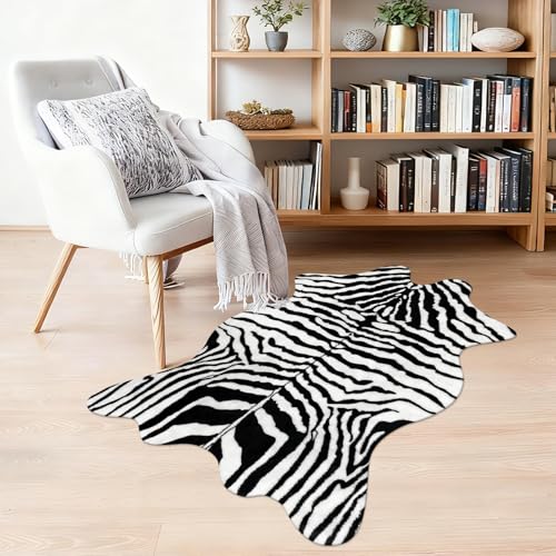 Fixseed Zebra Rug for Living Room,2.5 x 3.6 ft Western Faux Fur Animal Print Carpet Washable Rug for Bedroom Western Decor,Black and White