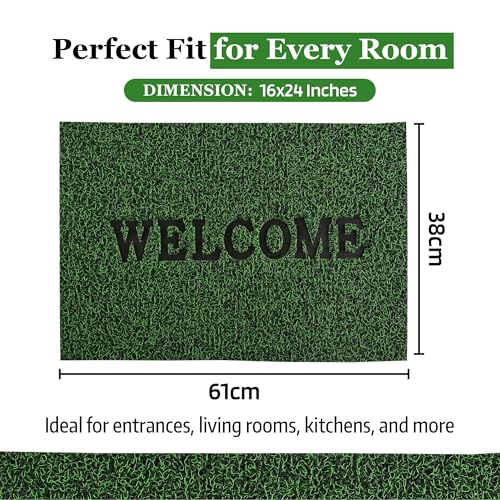 Image of Kuber Industries Pack of 6 Anti-Slip Welcome Print Grass Door Mats for Home| (16x24 Inch) Main Entrance Footmats for Bathroom, Living Room & Office | Grass Cut -Grey & Green