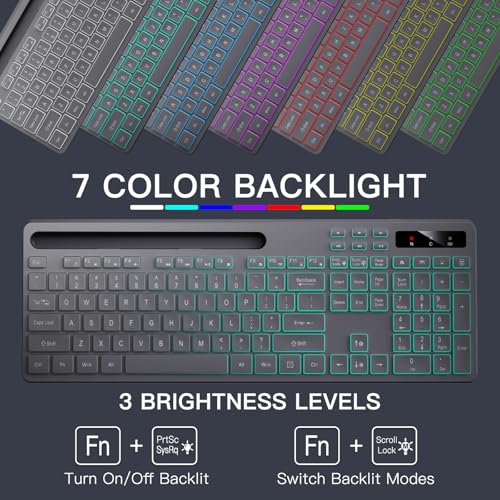 Image of Soueto Wireless Keyboard with 7-Color RGB Backlit, Full-Size Computer Keyboard with Phone Tablet Holder, 2.4G Rechargeable Gaming Keyboard with Light Up Keys, Compatible with Mac, Windows (Grey)