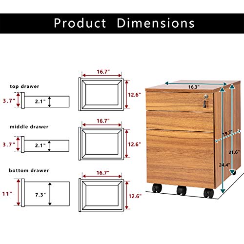 Topsky 3 Drawers Wood Mobile File Cabinet Fully Assembled Except Casters (Oak Brown) #TOP5