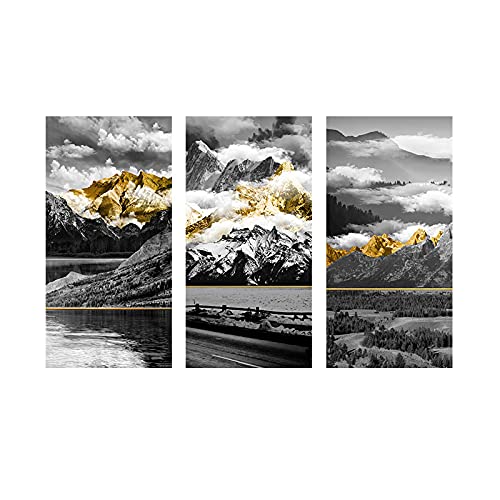 Toile peinture paysage montagne or et forêt grise décoration murale triptyque nordique