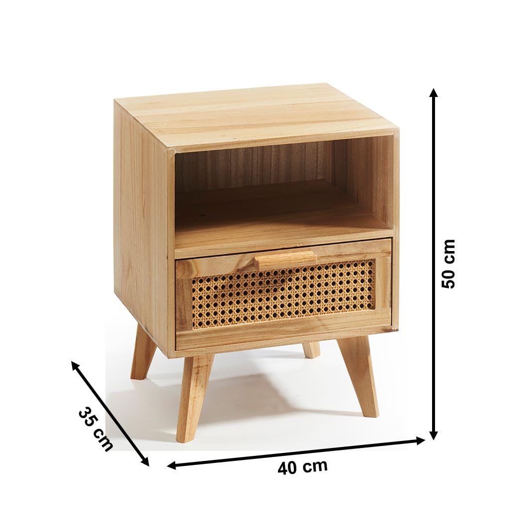 Kobolo Nachttisch Holz braun | 40x35x50 cm | Kleiner Nachtschrank mit Schublade & Fach | Kommode im Boho Vintage Look | Beistelltisch fürs Schlafzimmer Wohnzimmer Flur Wiener Geflecht