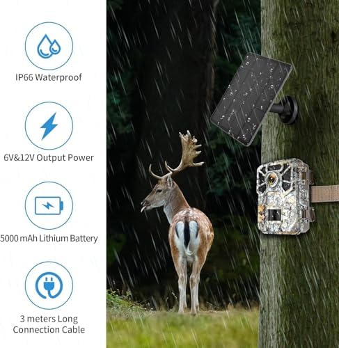 Solar Panel for Trail Camera, Solar Charger Kit with Built-in 5000mAh Rechargeable Lithium Battery - Output: 12V/1A, 6V/1.5A, IP66 Waterproof Portable Outdoor Power Supply Kit - 3