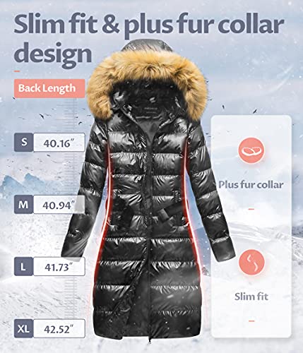 Creatmo Us Women's Metallic Puffer Parka Full Length Long Jacket Padded Thicken Coat With Fur Hood Black M #TOP4