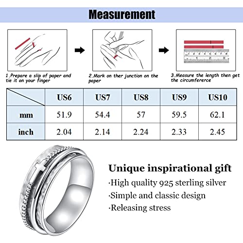 Cross Anxiety Ring For Women - 925 Sterling Silver Spinner Rings Anti Stress Fidget Rings Band Wide Hammered (Silver, 8) #TOP5