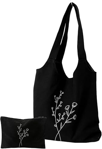 Miniatura 8 de KIEKIECOO Bolsa de lona negra estética personalizada personalizada reutilizable bolsas de comestibles florales arte compras bolsa de hombro