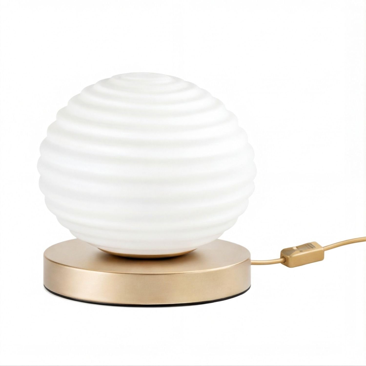 Lampada da tavolo moderna in vetro e metallo bianco e oro con superficie rigata interruttore a cavo per soggiorno scrivania E27 16,5 cm Ø18 cm rotonda per camera da letto