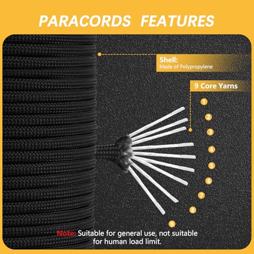 Romon Paracord 4mm, 30M Paracord Schnüre Seil 9 Kern-Strängen Bänder, Schnur Reissfest Seil Sonnensegel, Nylon Reepschnur für Outdoor Camping, Schwarz