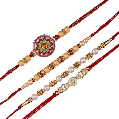 Image of eCraftIndia Set of 4 Rakhi Combo Hamper | Red Golden & White Beads Pearl Diamond Designer Rakhis