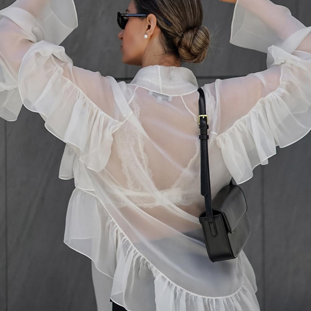 Blouse à col en V pour femmes Hauts à volants Garniture à manches longues Voir à travers Flowy Dressy Chemise de travail élégante