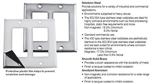 Bryant Electric Ss26 1-Gang 1 Decorator/Gfci Opening 302/304 Metallic Wall Plate, Stainless Steel, With Removable White Protective Film , Silver #TOP1