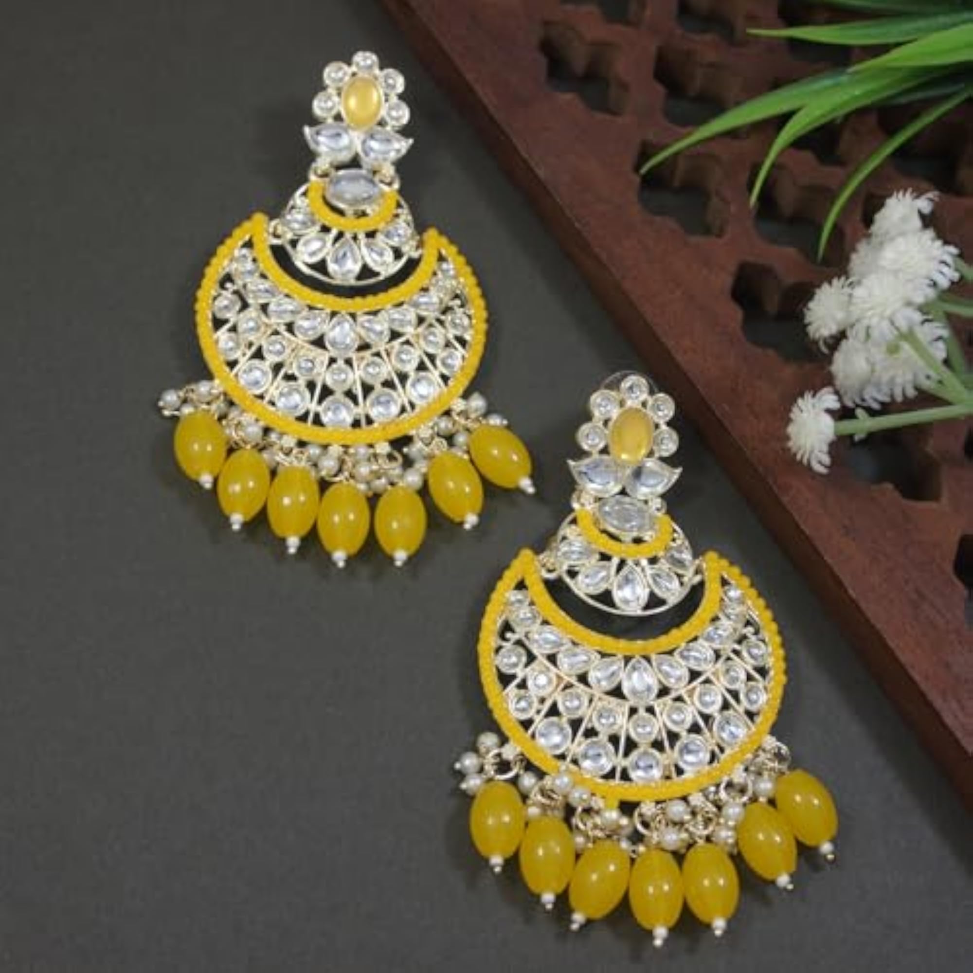 Women's 18K Gold Plated Handcrafted Pearl Kundan Chandbali Earrings