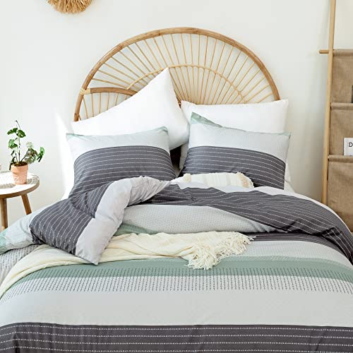 Janzaa Queen Comforter Set Sage Green Comforter Soft Microfiber Queen Bed Set 3 Piece Striped Comforter Set With 2 Pillow Cases Lightweight Fluffy Bedding Down Alternative For All Season #TOP7