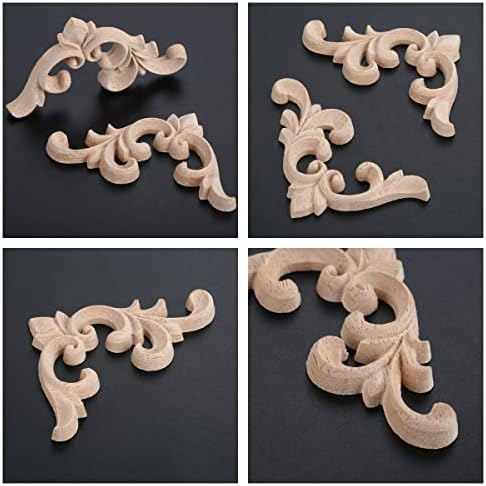 4Pcs Wood Carved Applique Onlay for Decoration Furniture Decals Corner Left&Right Flower Pattern Unpainted Modern Furniture Doors Walls Carved Ornamental Decor 7.5x6cm