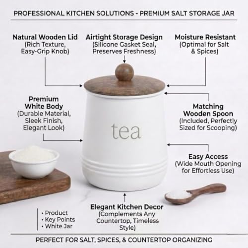 Image of Stylish Airtight Container for Kitchen, Tea Coffee Sugar Storage, White, Metal with Wooden Lid & Spoon, 1000ml, Canister for Kitchen Counter top | Food-Safe Jar Set of 3 (Tea coffee & Sugar)