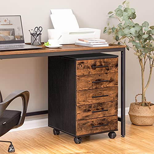 HOOBRO Aktenschrank, Rollcontainer mit 5 Schubladen, Holz Büroschrank, Kommode Aufbewahrungsschrank, Industrie Stil Einfache Montage Rustikal, Dunkelbraun und Schwarz EBF05WJ01G1