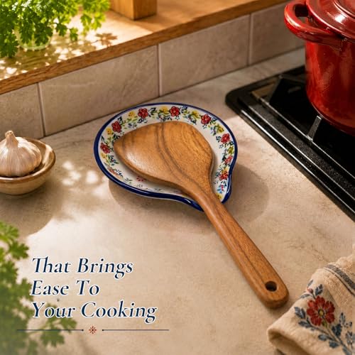 Image of Spoon Rest for Stove Top, 5 inch Hand-Painted Bule Flower Spoon Holder | Stable ceramic won't tip; glaze rinses clean, dishwasher safe. Holds spoons & spatulas, floral farm style, keeps stove tidy.