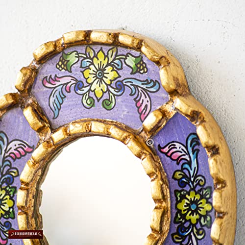 Gold Hanging Oval Mirror On The Wall Home Decor | Peruvian Hand-Painted Glass Small Mirror Wall Art Decorations (Purple) #TOP3