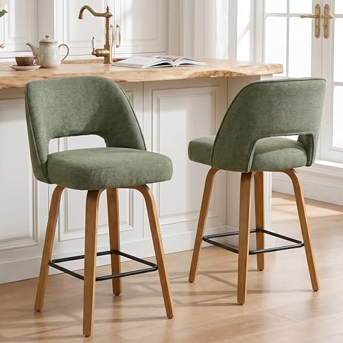 Butacos giratorios para barra, juego de 2, altura de mostrador de 26", color verde musgo | patas curvas de madera doblada, acabado en roble natural, asiento tapizado, respaldo ergonómico, cojín de 4 pulgadas, capacidad de peso de 350 libras miniatura 1