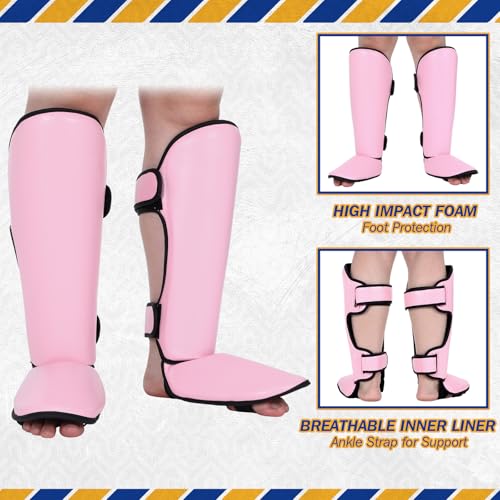 Arrowbash 5 Pcs Boxing Guards Set for Kids with Sparring Headgear, 6oz Boxing Gloves and Leg Shin Guards Wrestling Headgear for Youths Teens Boys Girls Kickboxing Karate Muay Thai BJJ Training(Pink) by Arrowbash - Used condition - Image 3