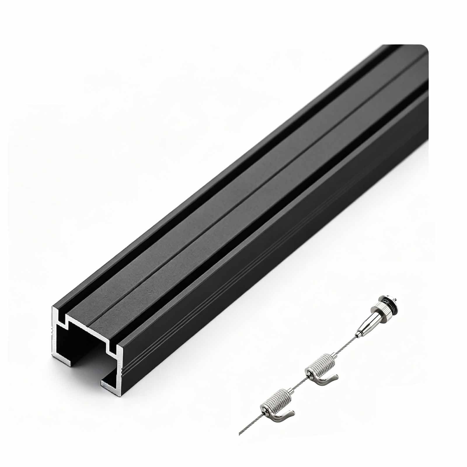 Picture Hanging Rail, Versatile Wall Hanging Track with Adjustable Cable Hooks, Modern Gallery Style Art Display System for Home Studios(Black,200cm)