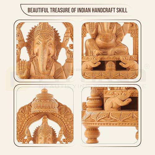 Image of Wooden Ganesh Idol /Handcraft Ornate Temple Arch Ganesh Murti /Wooden Ganesha Statue for Home Decor /Ganpati Murti for Home Temple, Pooja Room, Office & Festive Gifting (13 Inch)